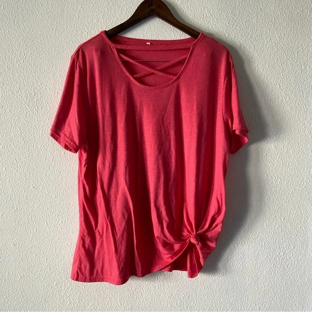 Pink Cross Front Tee 2XL Casual Short Sleeve Everyday Spring Summer Cotton